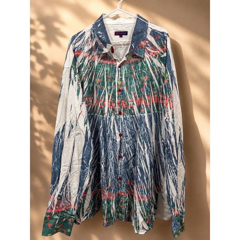 Evolution Abstract Print Button Up Shirt White Blue Red 5XL Retro